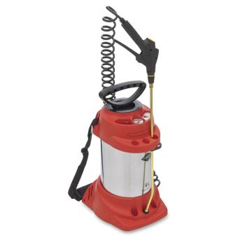 Komplettansicht des MESTO INOX PLUS 6 Hochdrucksprühgeräts 3595P mit Edelstahlbehälter, rotem Schutzmantel, Spiralschlauch und ergonomischer Spritzpistole